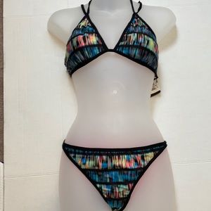 *Hurley New Multicolor Striped Pattern Triangle Top Cheeky Bikini Bottom